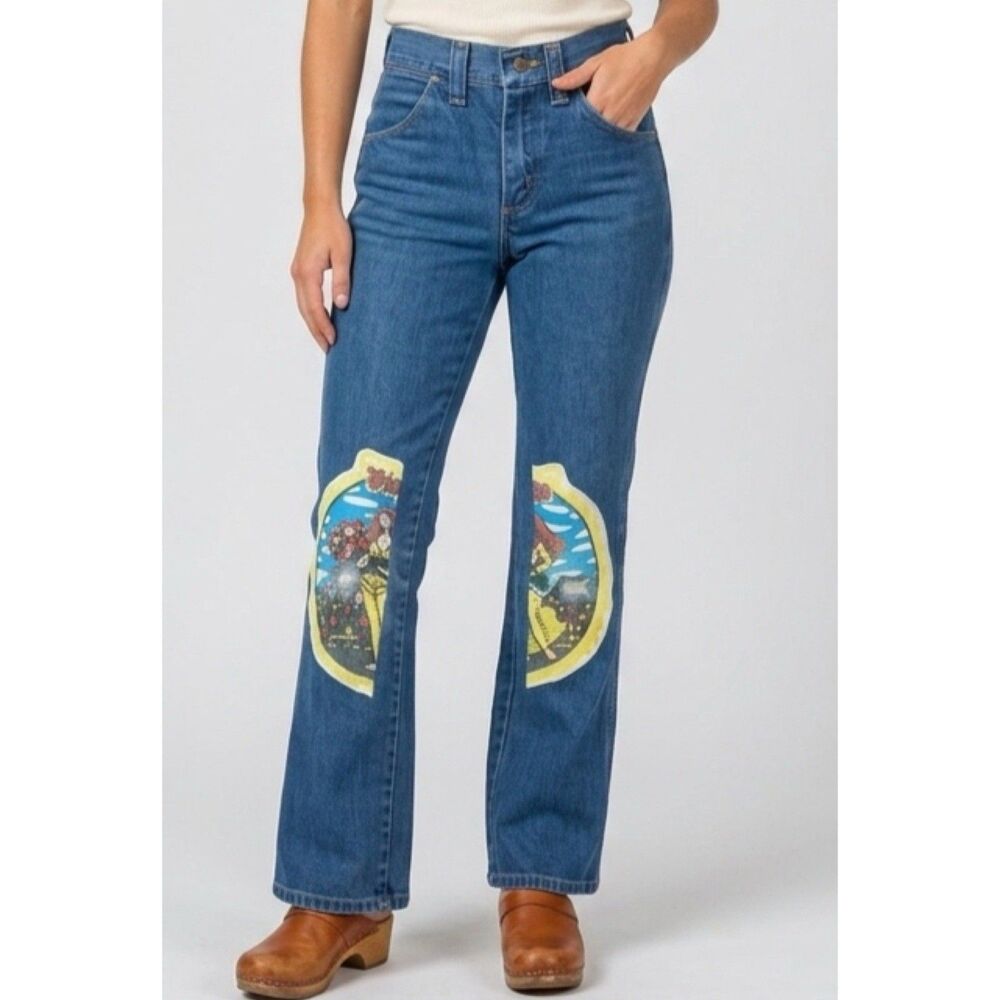 Vtg 70s Sedgefield Flare Bell Bottom Jeans 25 USA Virgo Astrology Art Nouveau